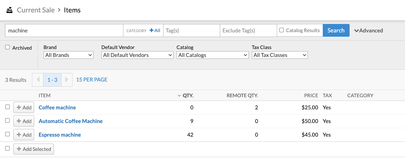 List of matching items with options to Add individually or Add Selected to add multiple simultaneously.