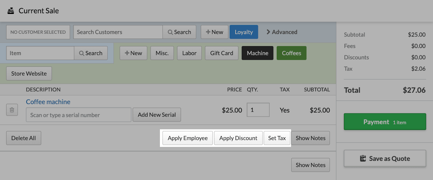 Computer sale with Apply Employee, Apply Discount, and Set Tax options emphasized.