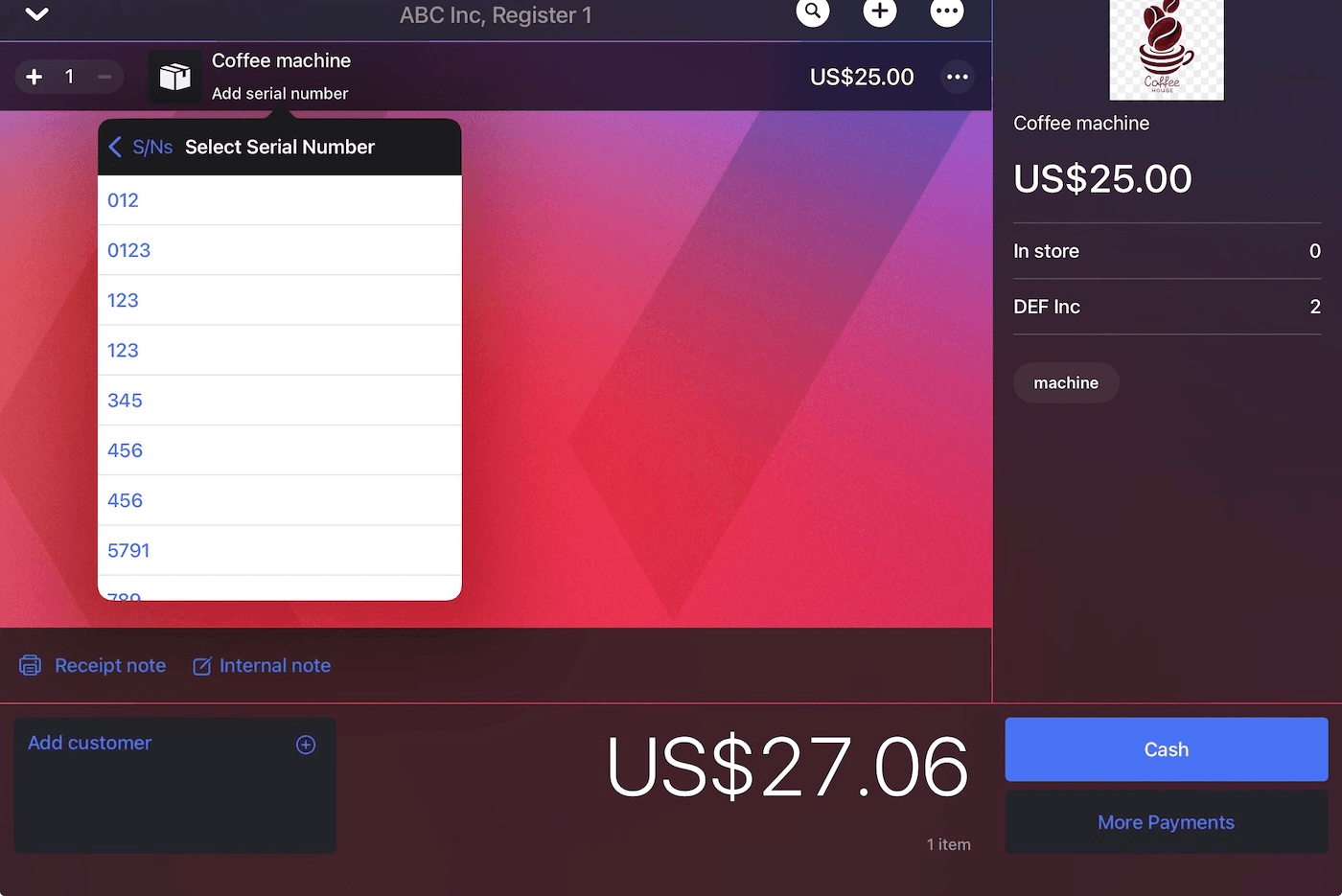 iPad Sell screen with Add serial number selected and list of existing serial numbers visible.