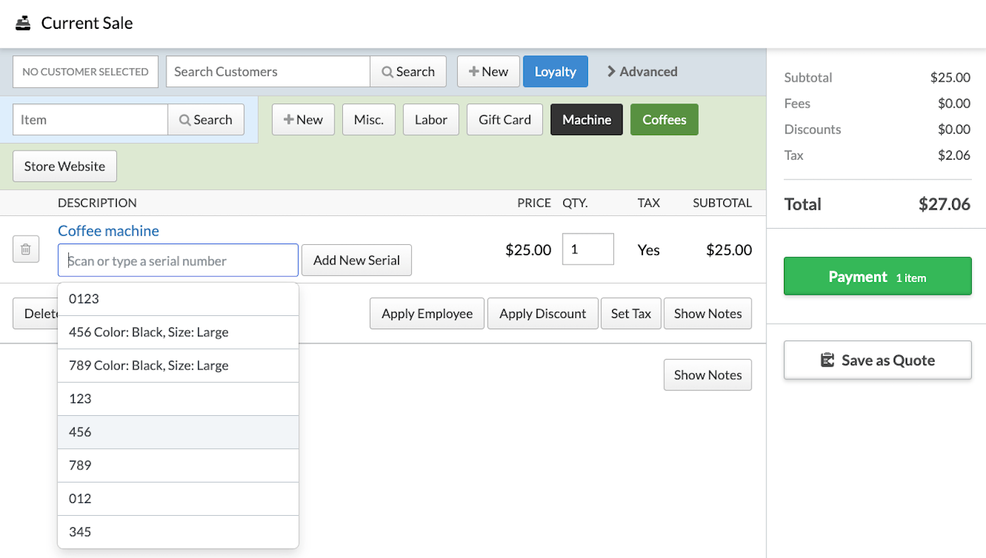 Sell page with list of serial numbers visible.