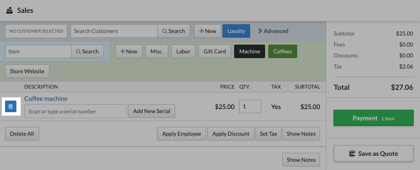 Sell screen on a computer with trash icon emphasized.
