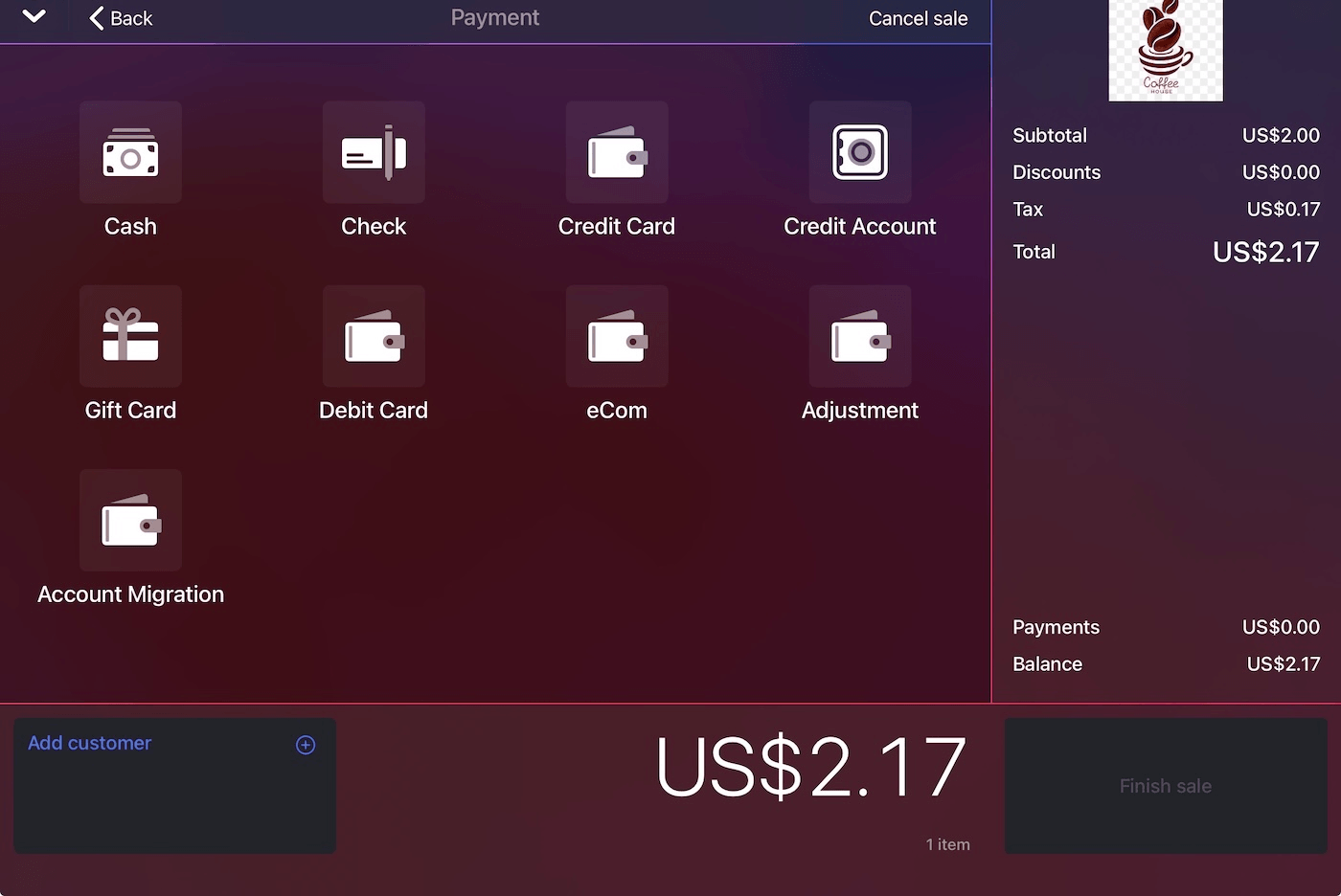 Payment methods screen on iPad showing available payment methods.