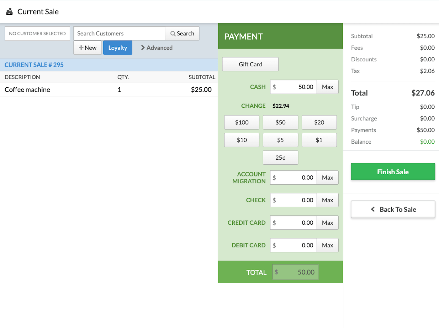 Payments screen on a computer showing available payment methods.