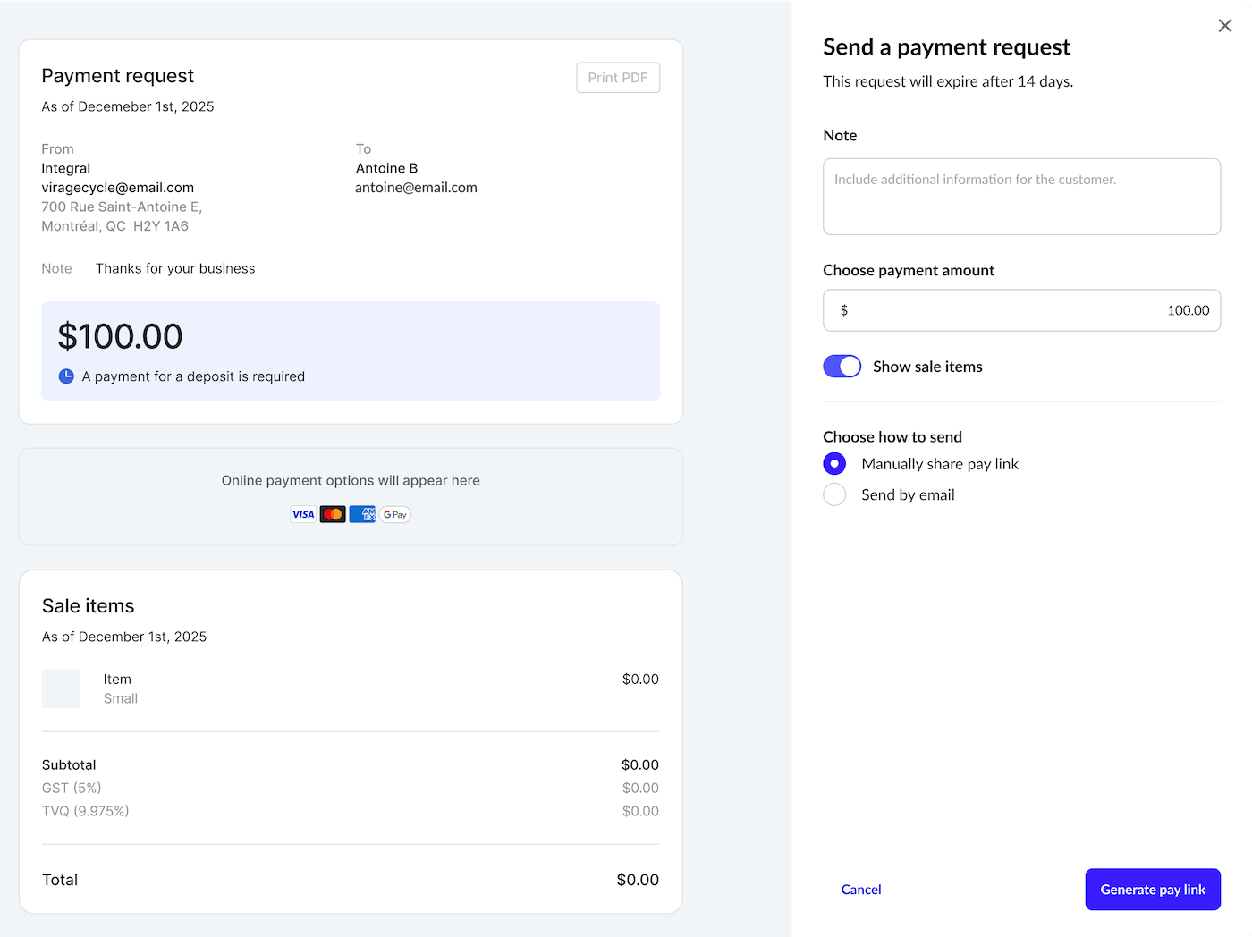 Pop-upvenster met velden voor notitie, aanbetalingsbedrag, optie om verkoopartikelen te tonen en optie om betaallink te delen of per e-mail te verzenden.