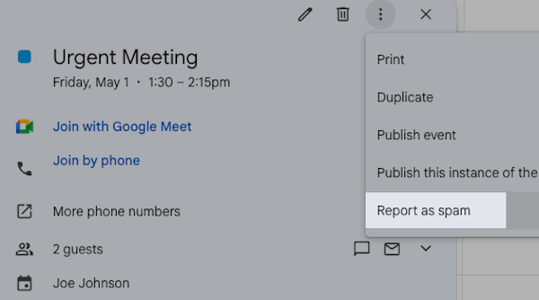 Optie in Google Agenda om vergadering als spam te rapporteren.