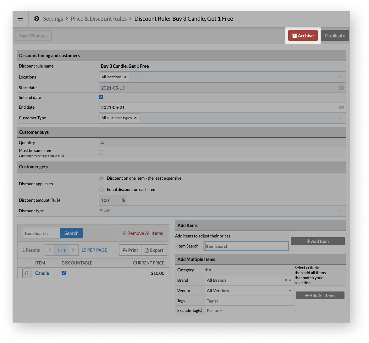 Discount rule page with Archive emphasized.