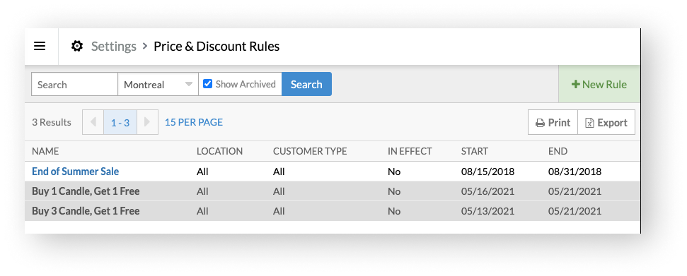 Price & Discount Rules page with Show Archived checkbox selected and archived discount rules displayed.
