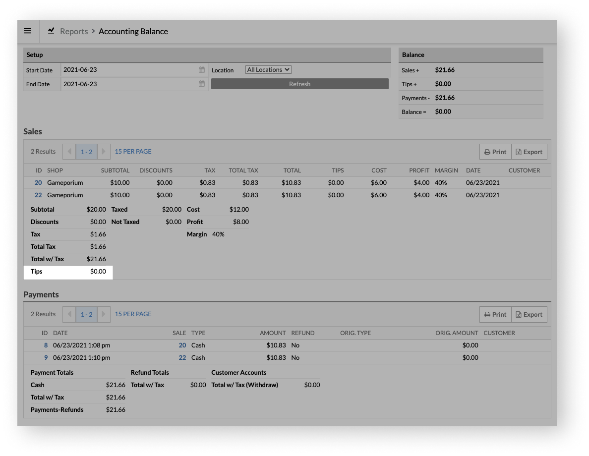 Sales and Payments Balance Report