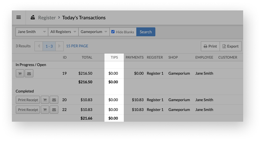 Todays Transactions