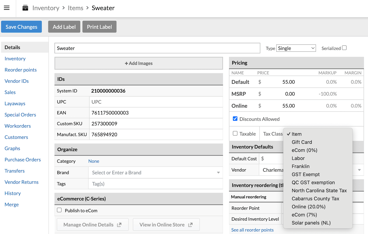 Active Tax Class dropdown on the item details page.