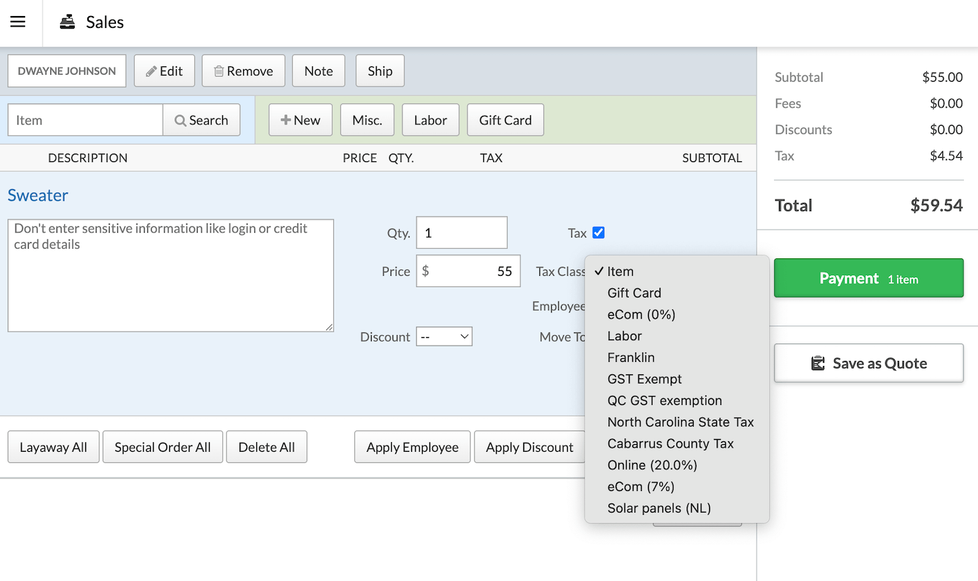 Active Tax Class dropdown on the Sales page.