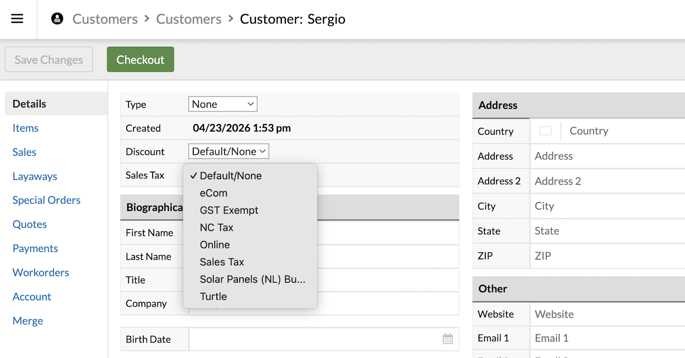 Active Sales Tax dropdown on the customer details page.