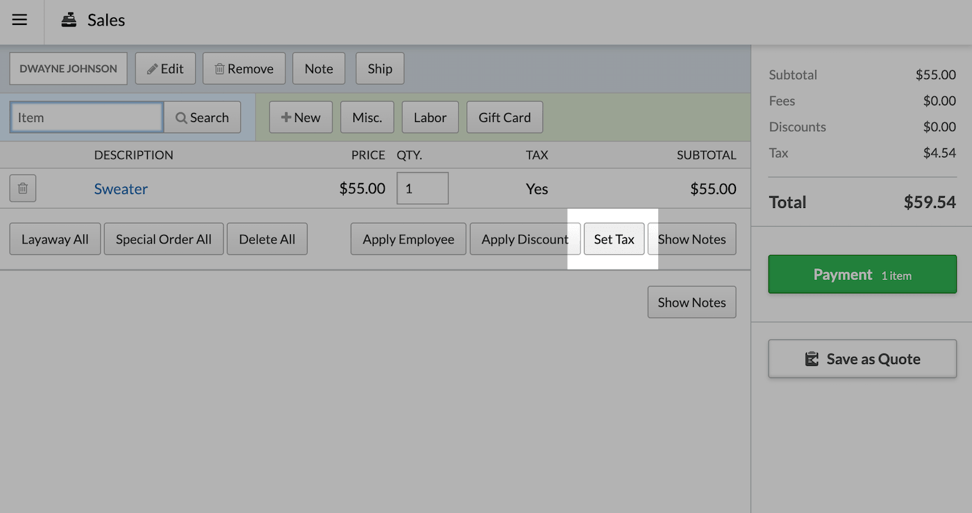 Set Tax button highlighted on the Sales page.