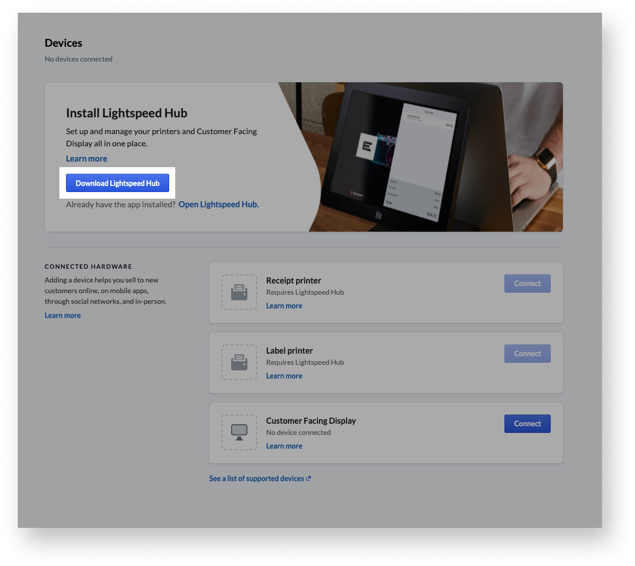 Devices page highlighting the Download Lightspeed Hub button.