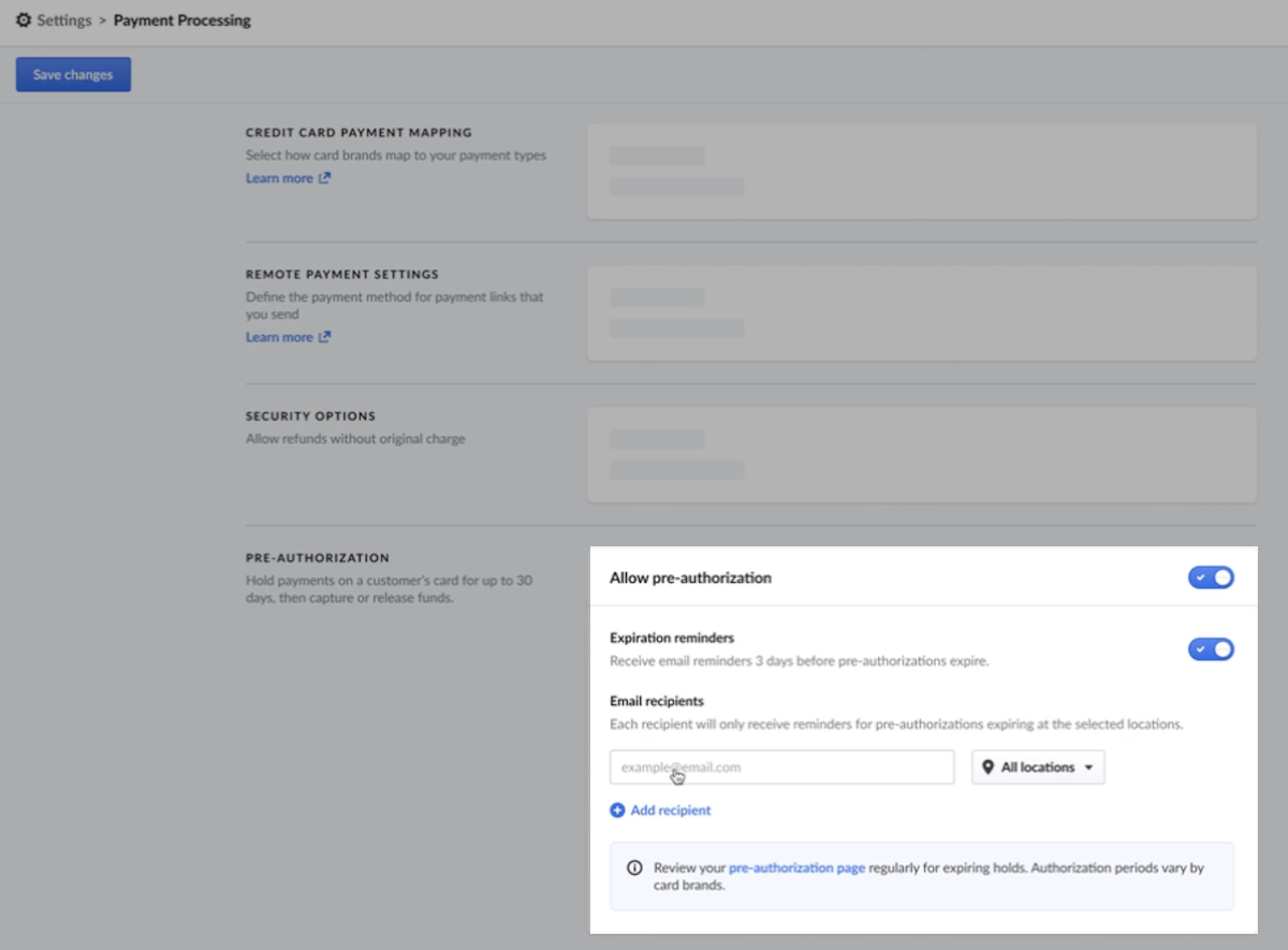 La page Traitement des Paiements avec l’option de préautorisation activée.