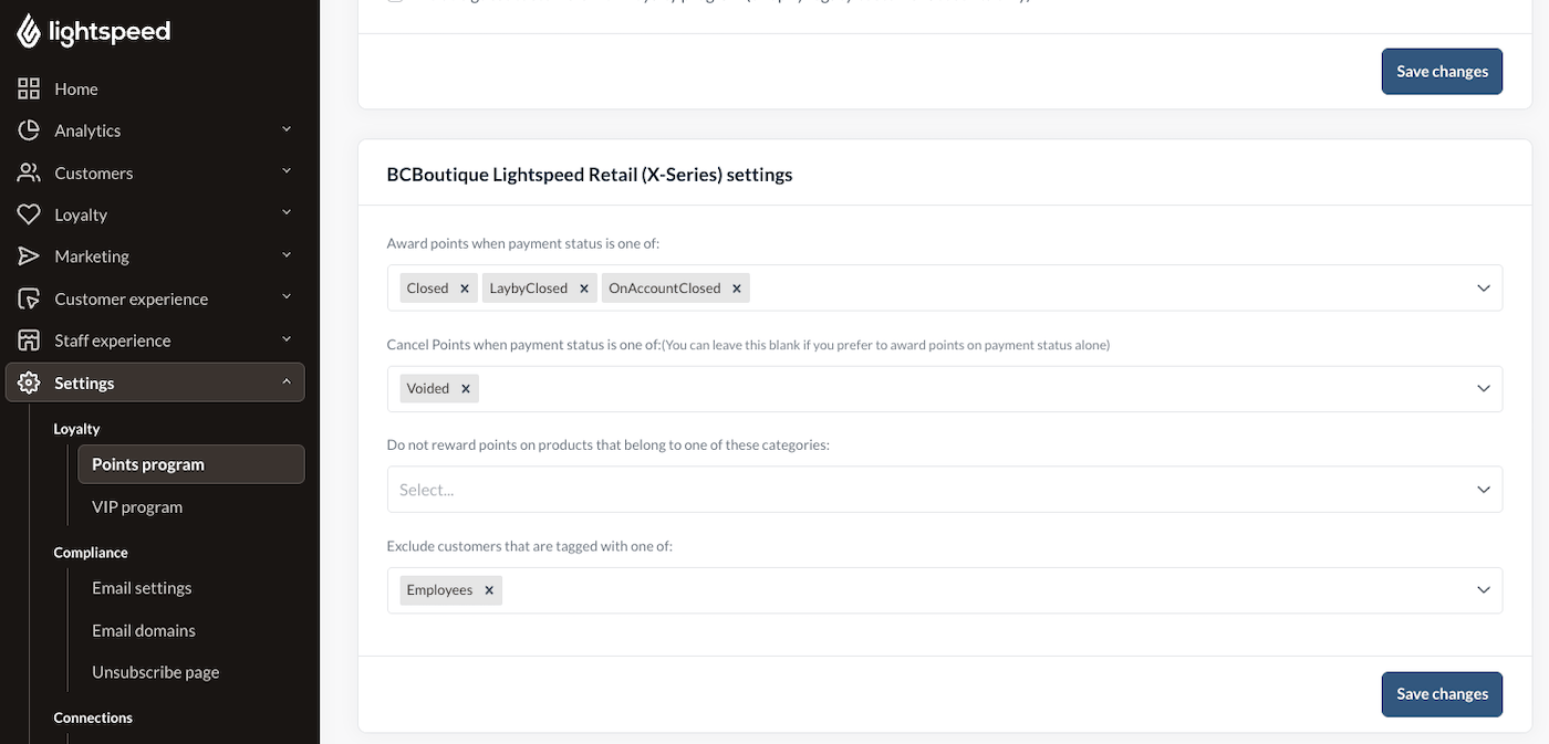 Points program settings page showing dropdown for exclude customers that are tagged with on of box.