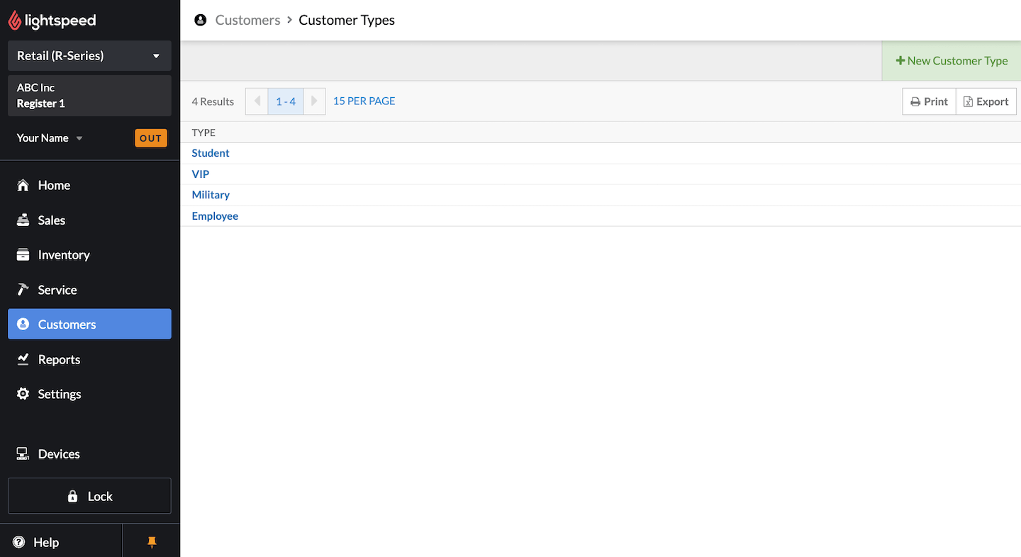 Customer type page showing +New customer type button.