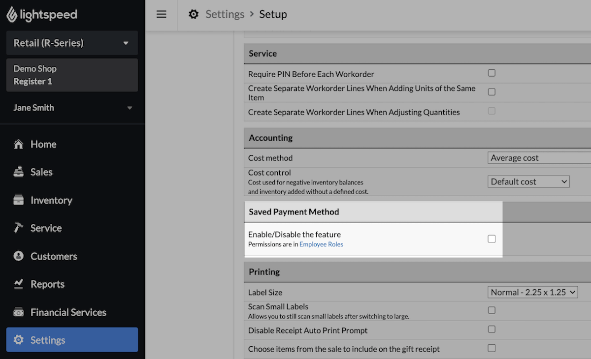 Enable saved payment method feature setting.