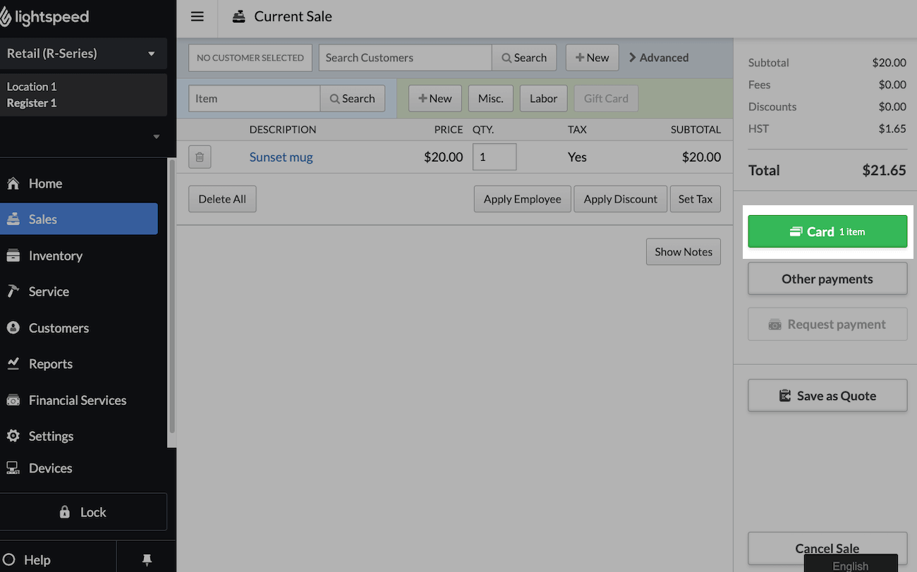 Card buttton highlighted on the current sale screen.