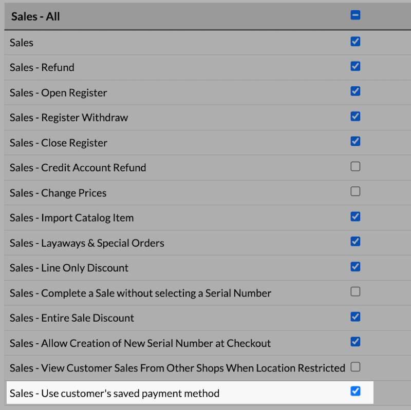 Role permissions showing Use customer's saved payment method permission enabled.