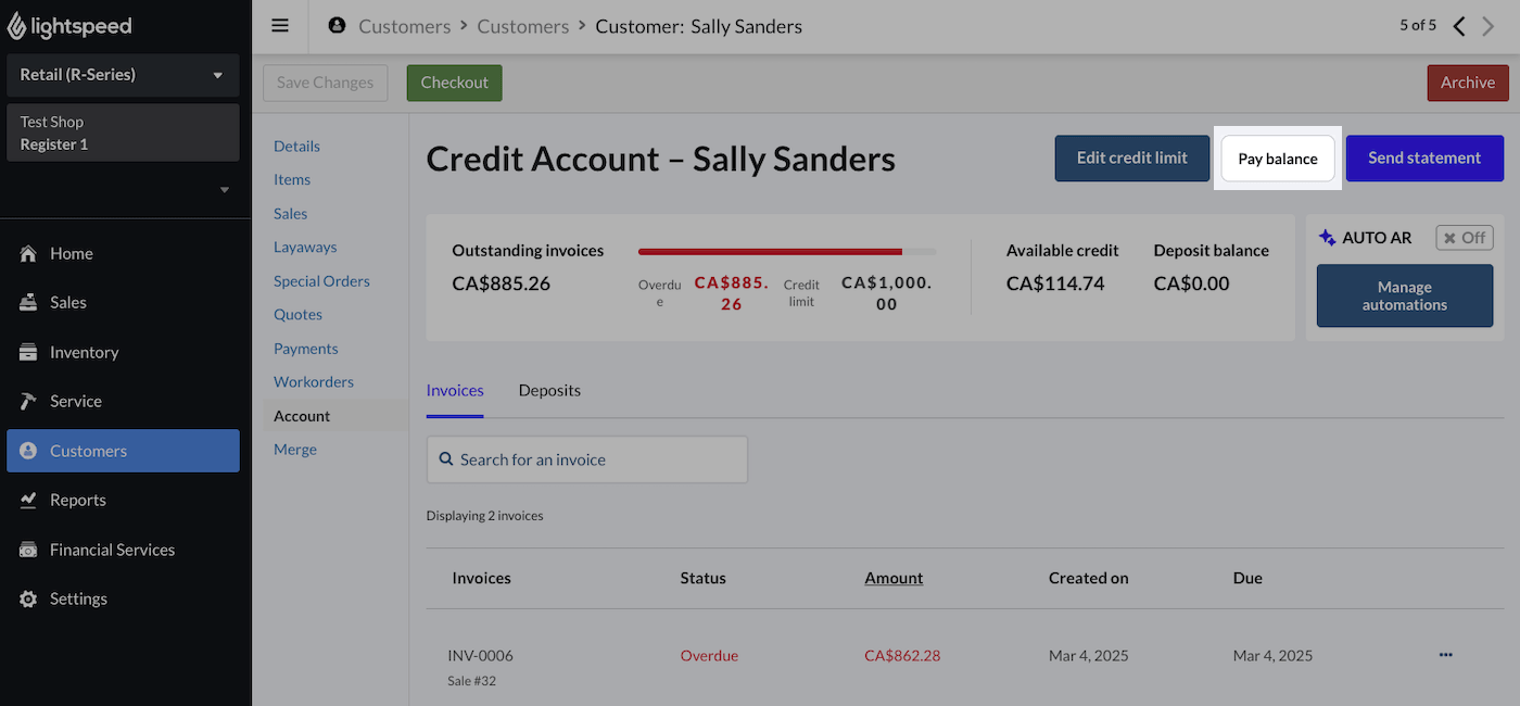 Customer account page showing pay balance button highlighted.