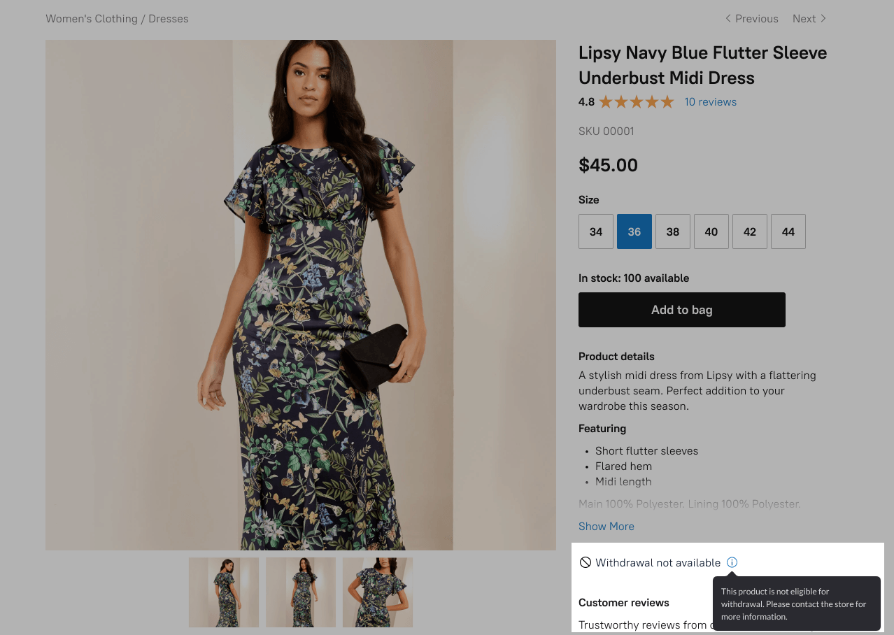 
  Product page on eCom store showing that withdrawal is not available for the product.