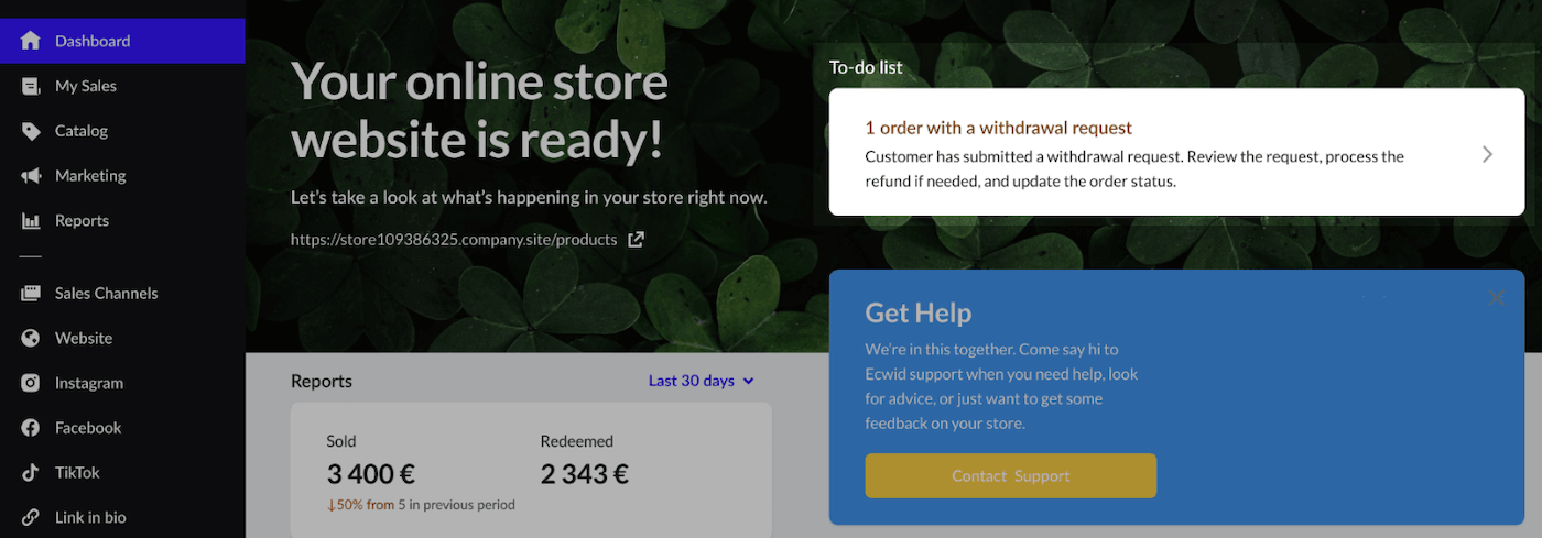 eCom
  admin showing an order with a withdrawal request.