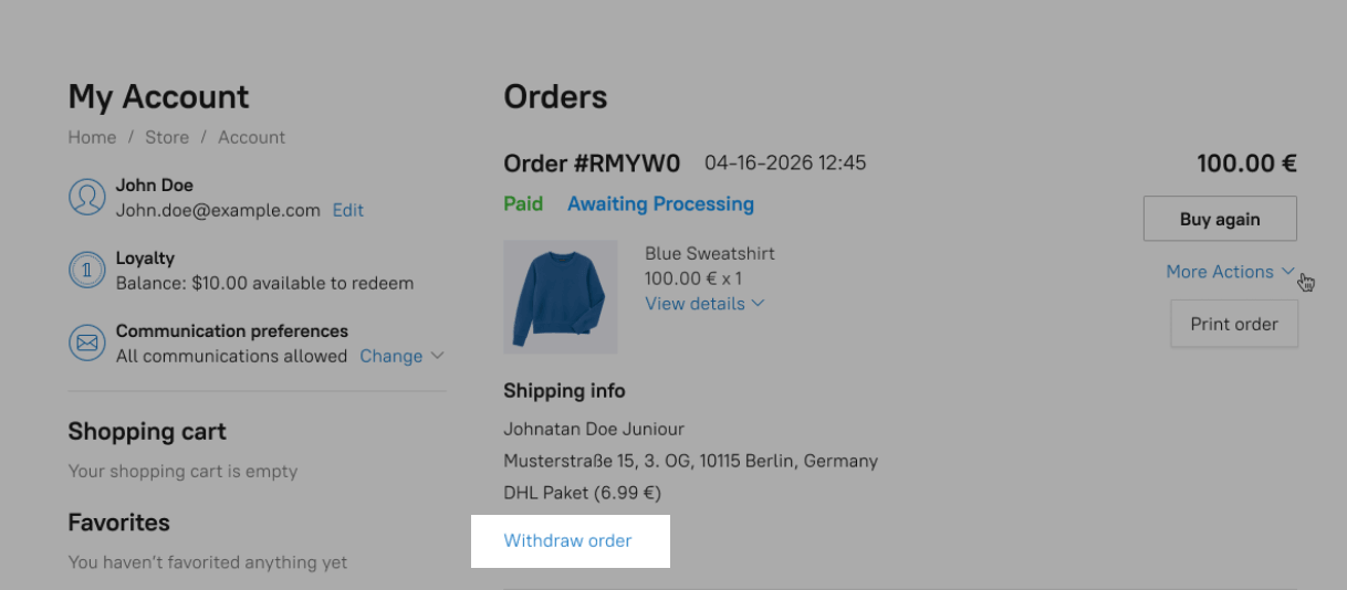 Customer eCom account showing Withdraw order button highlighted.