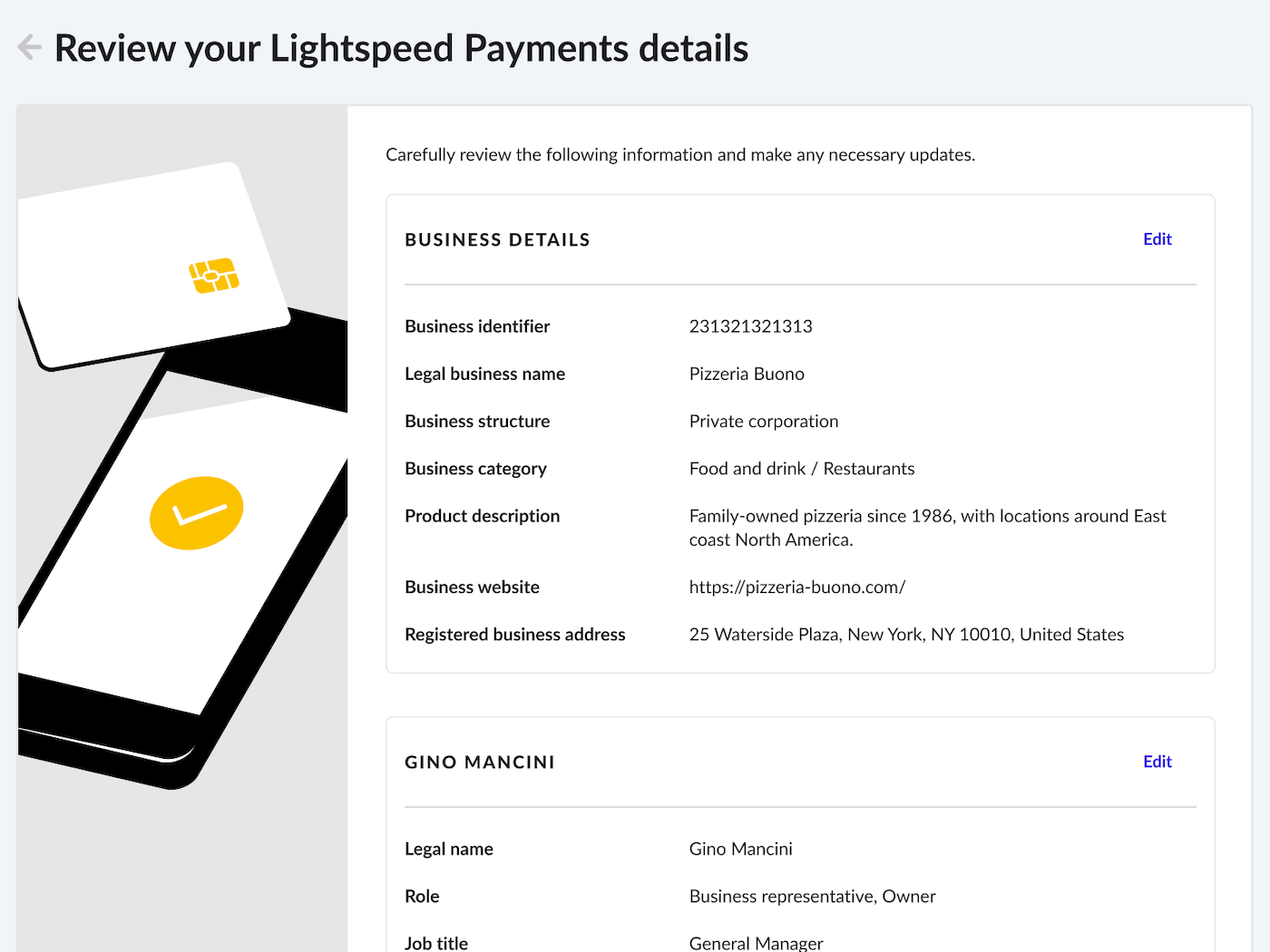Your information on file page showing options to confirm or edit business details.