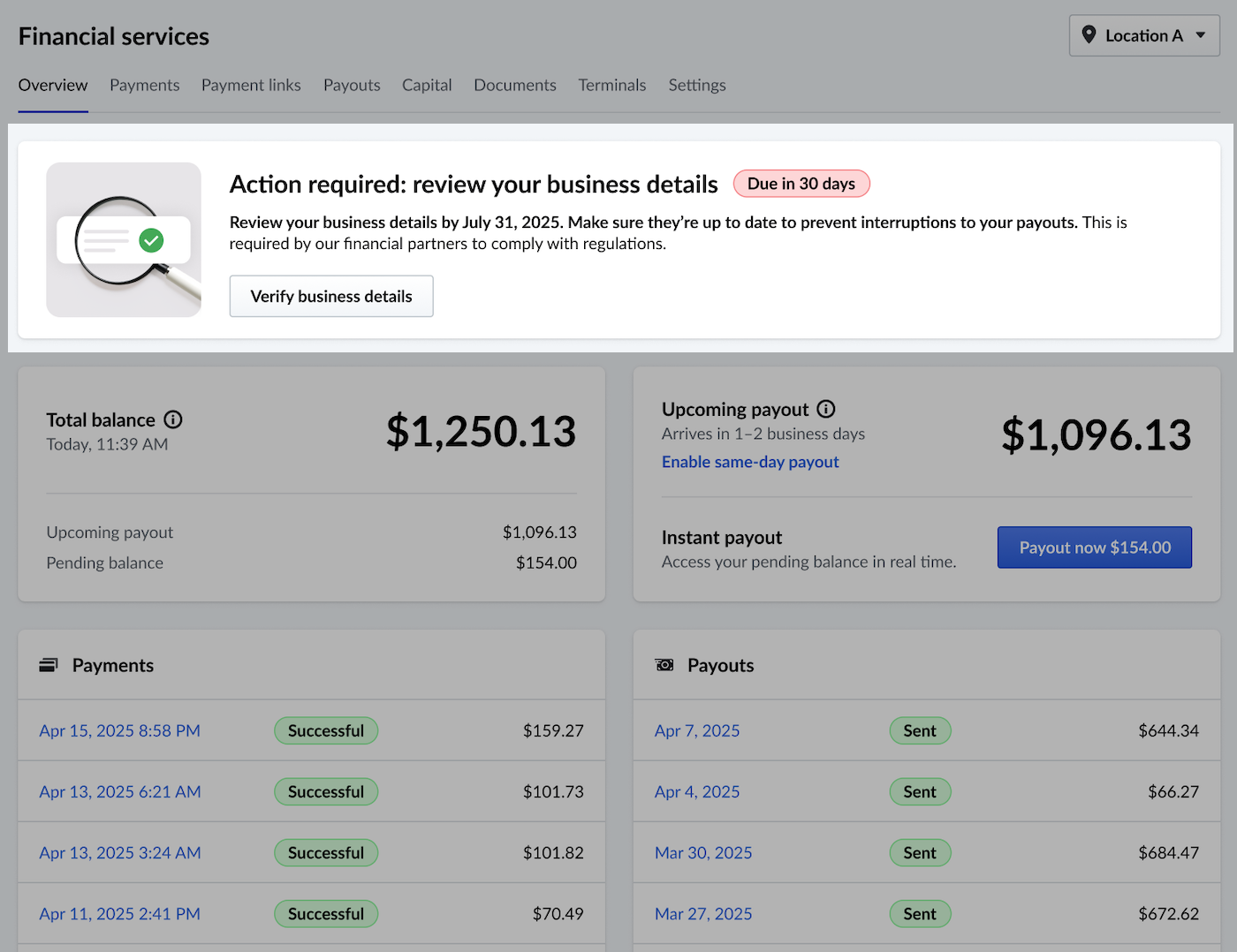 A banner on the Financial services page prompting the user to review their account details.