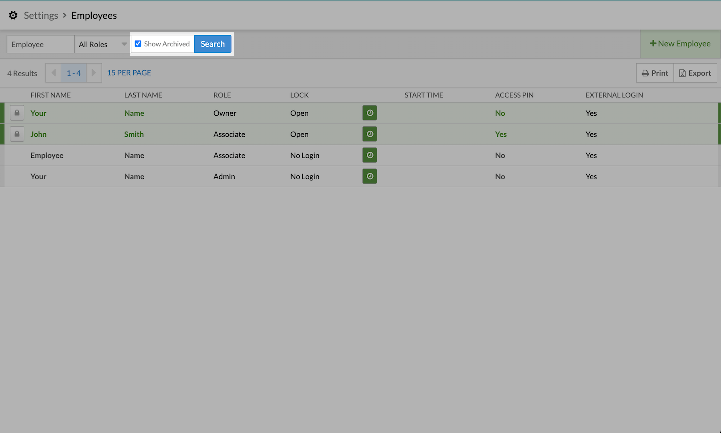 List of employees with Show Archived option emphasized.