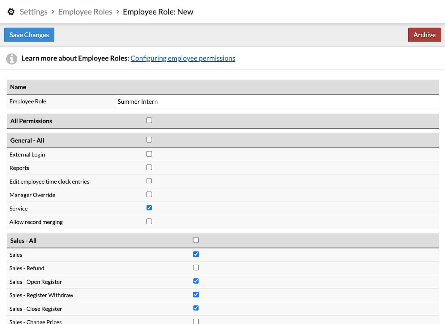 Employee Role page showing permissions options.