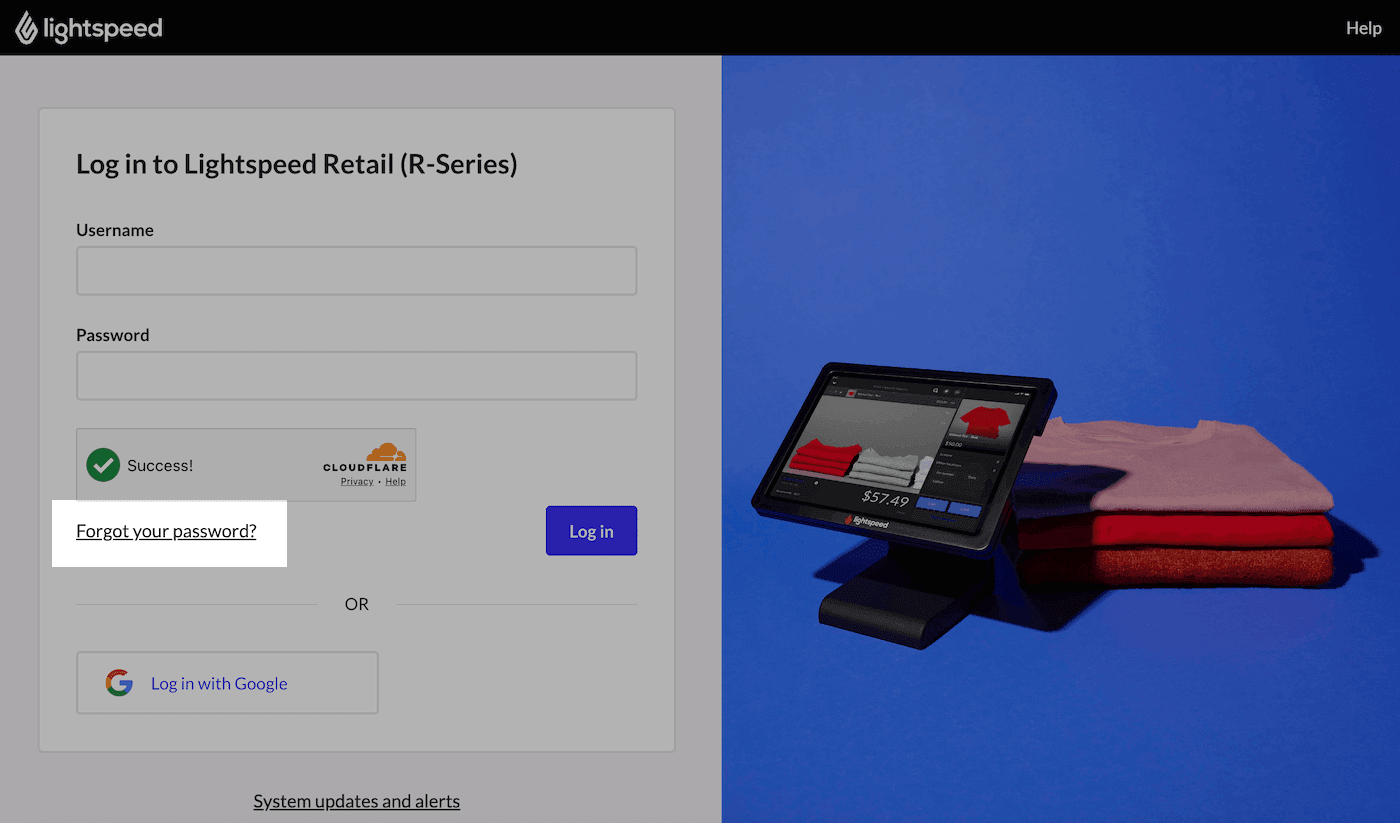 Retail POS (R-Series) login page with Forgot your password? highlighted.