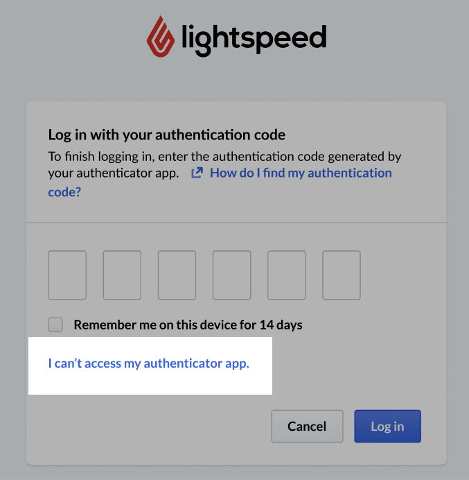 MFA login page with I can't access my authenticator app highlighted.