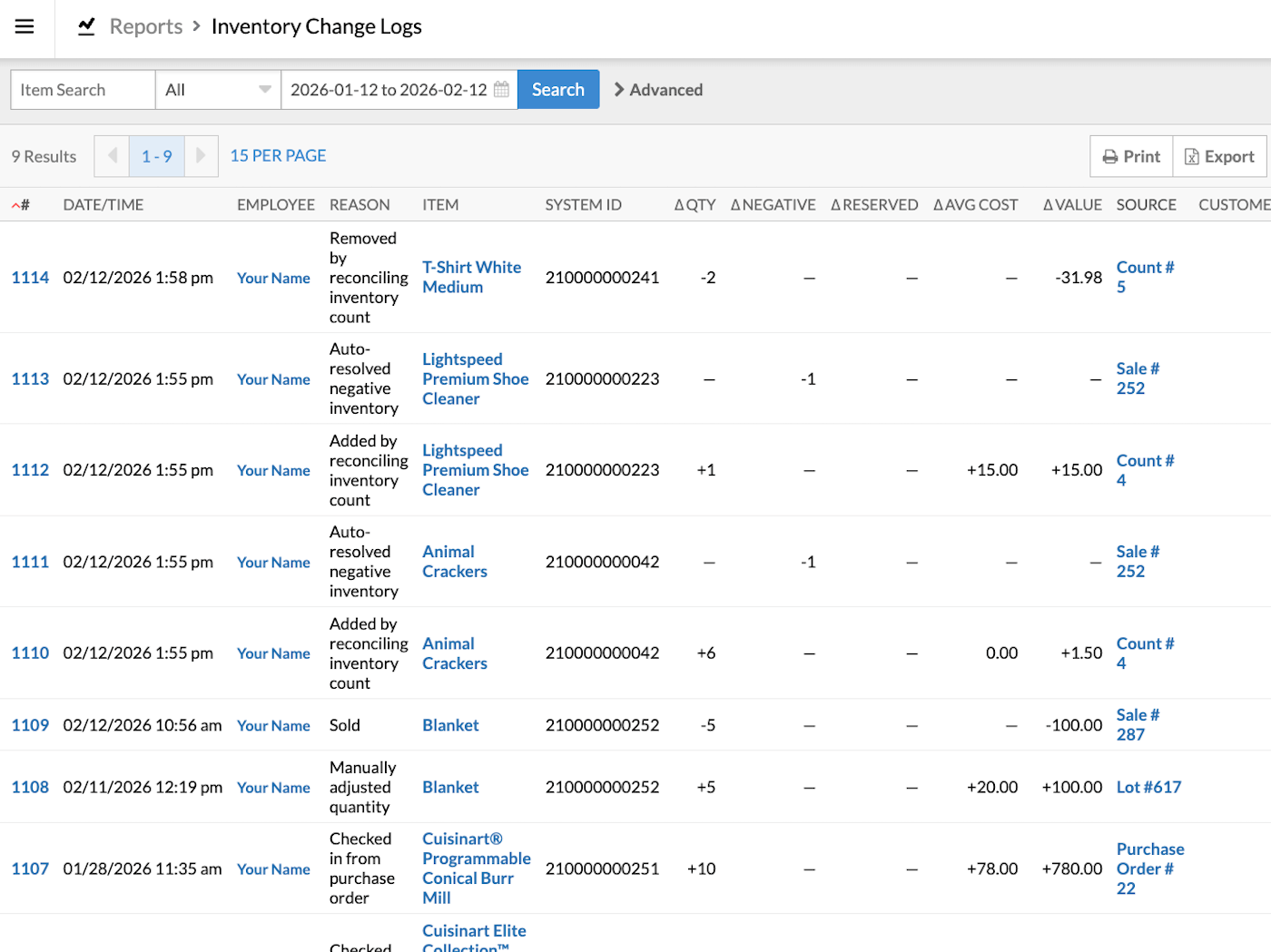 Page Registre des mouvements de stocks.