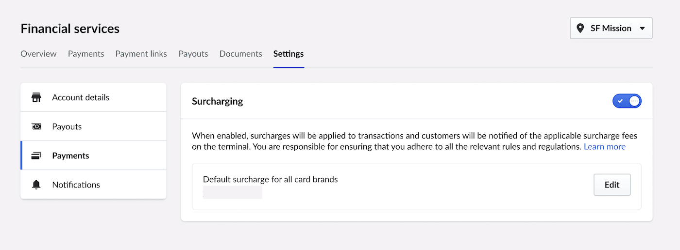 The Terminal settings page with the Allow surcharging toggle turned on and emphasized.