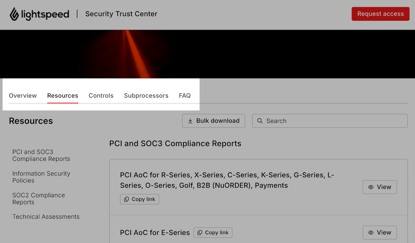 Security Trust Center with Resources tab highlighted.