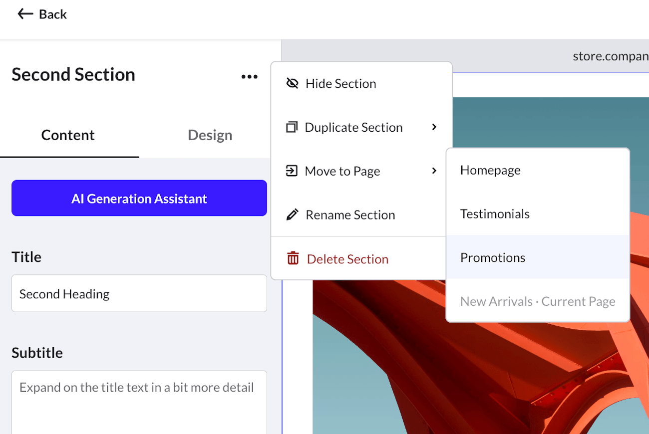 The More dropdown showing the Move to page sub-menu options.