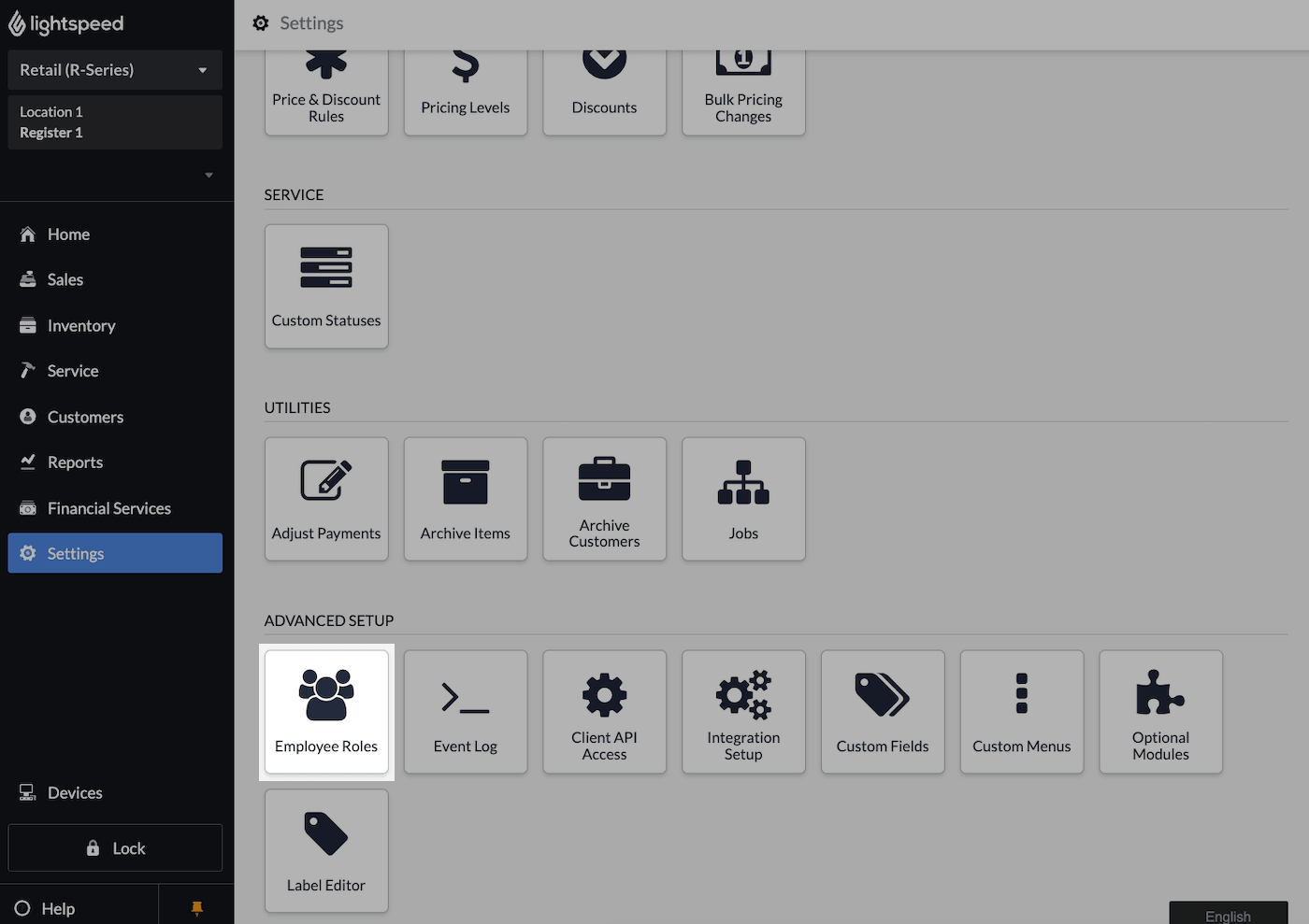 Settings page with Employee Roles emphasized.