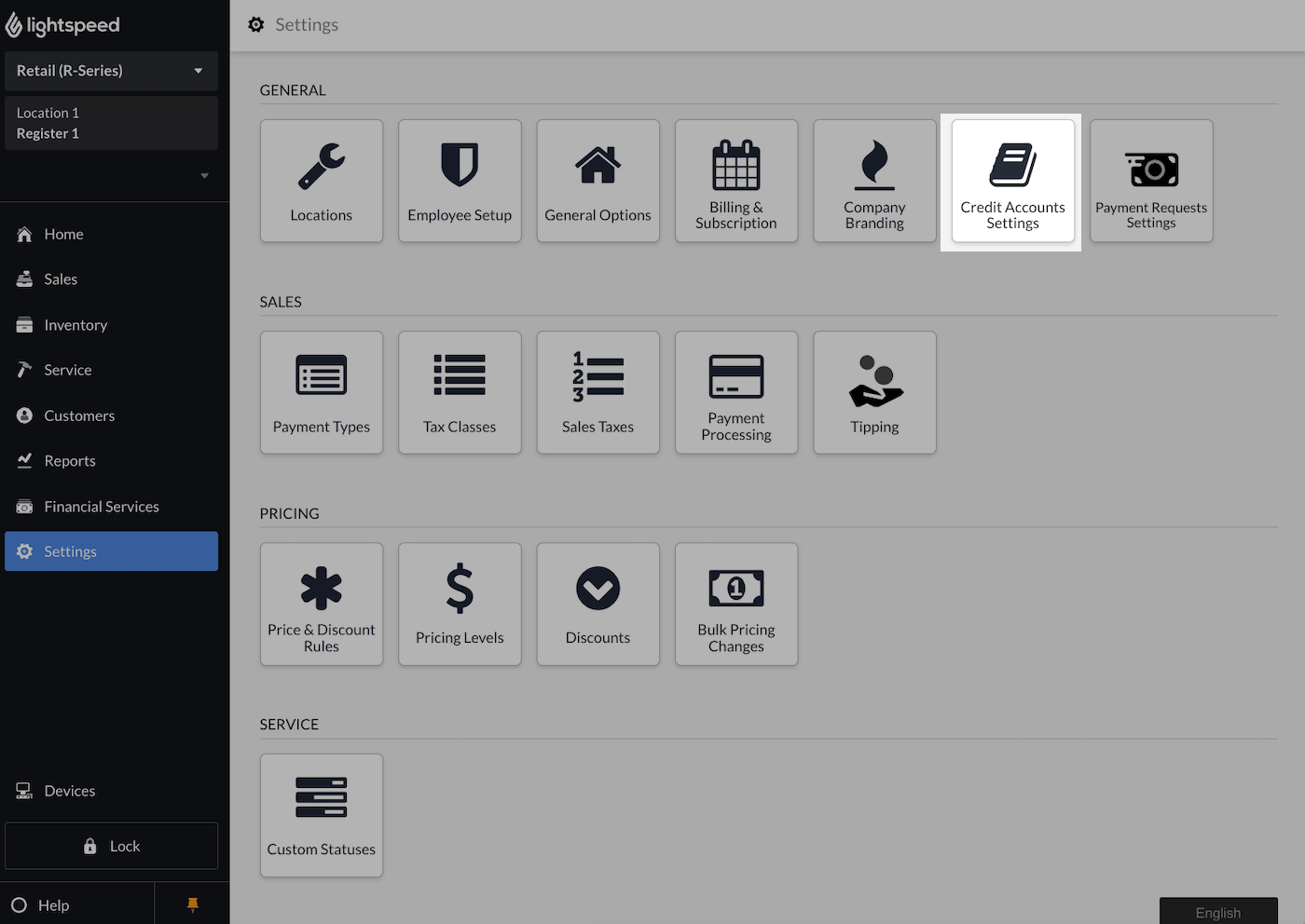 Settings page with Credit Accounts Settings emphasized.