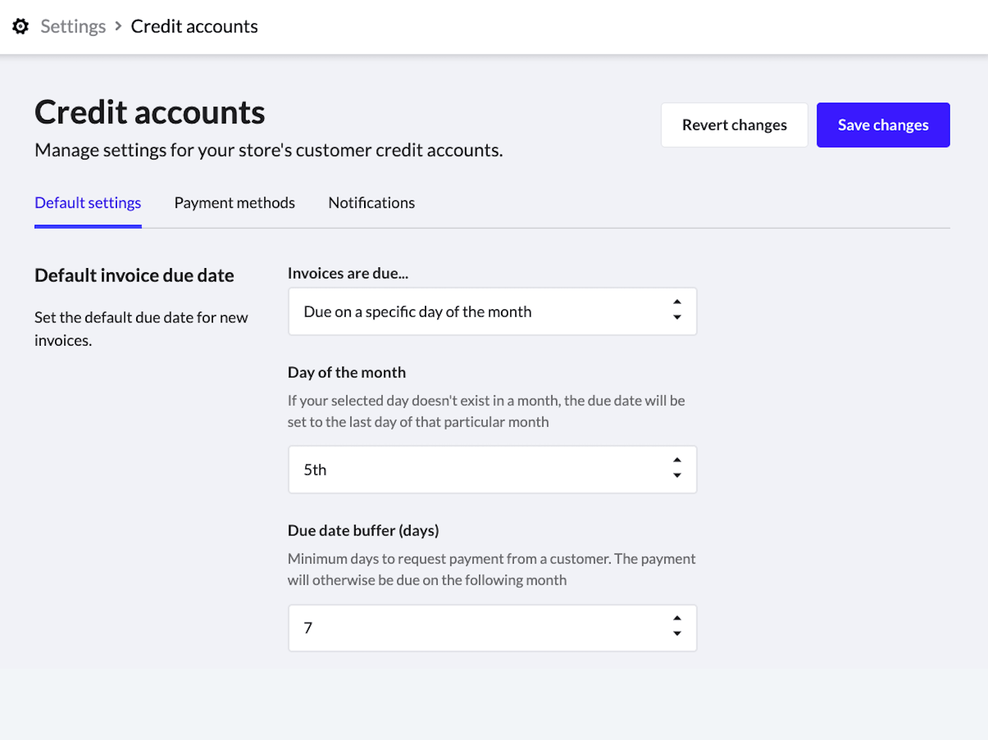Credit accounts page with Default settings tab selected, showing options for Default invoice due date.
