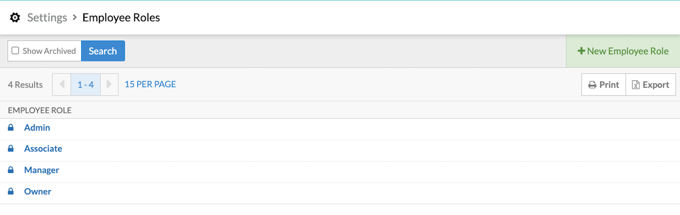 Employee Roles page with roles listed and optoin to create a New Employee Role.