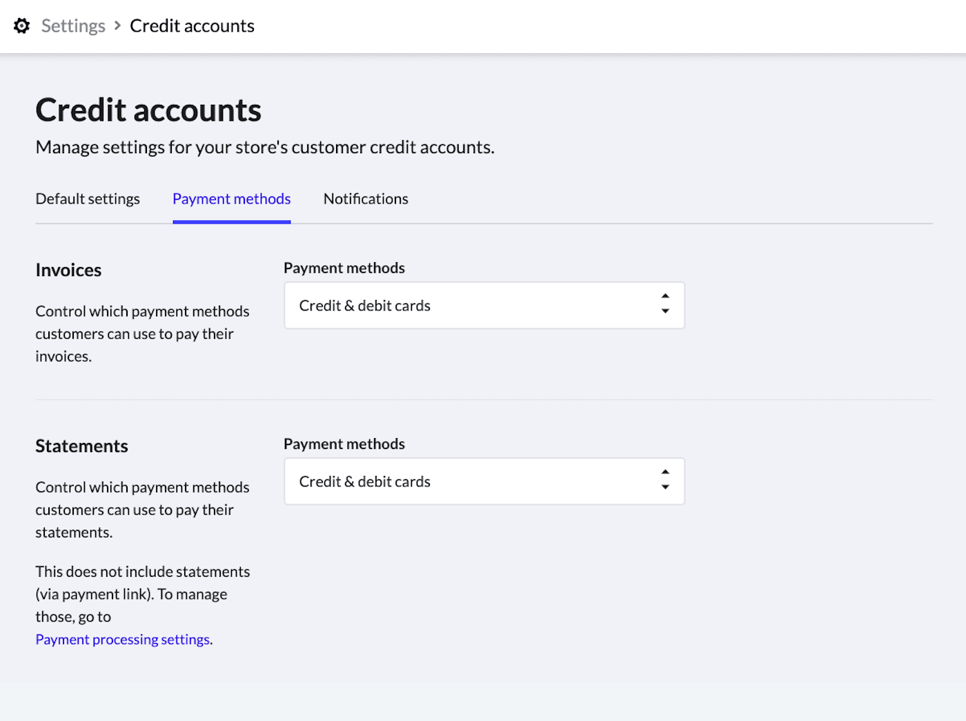 Credit accounts page with Payment methods tab selected.