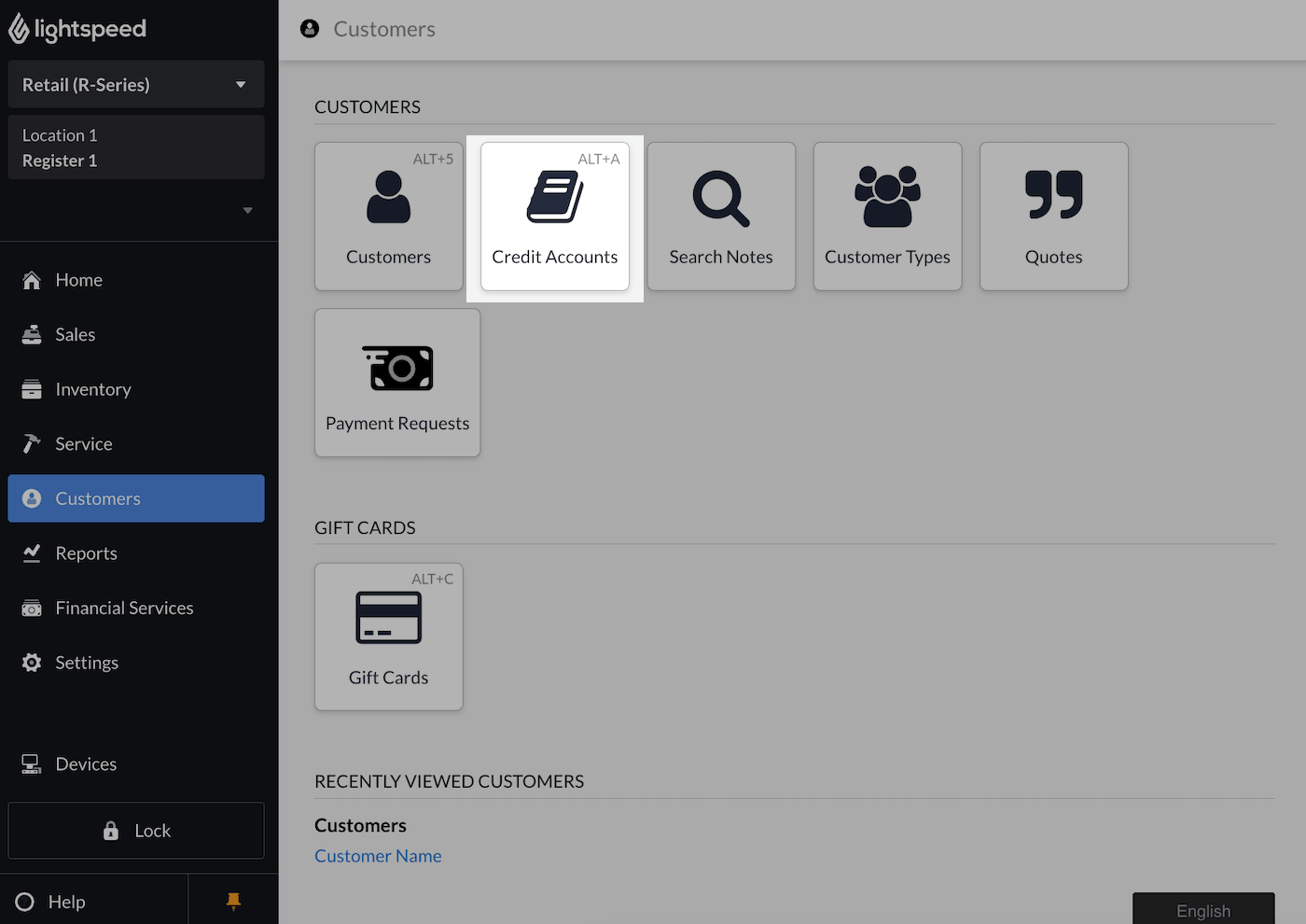 Customers page with Credit Accounts emphasized.