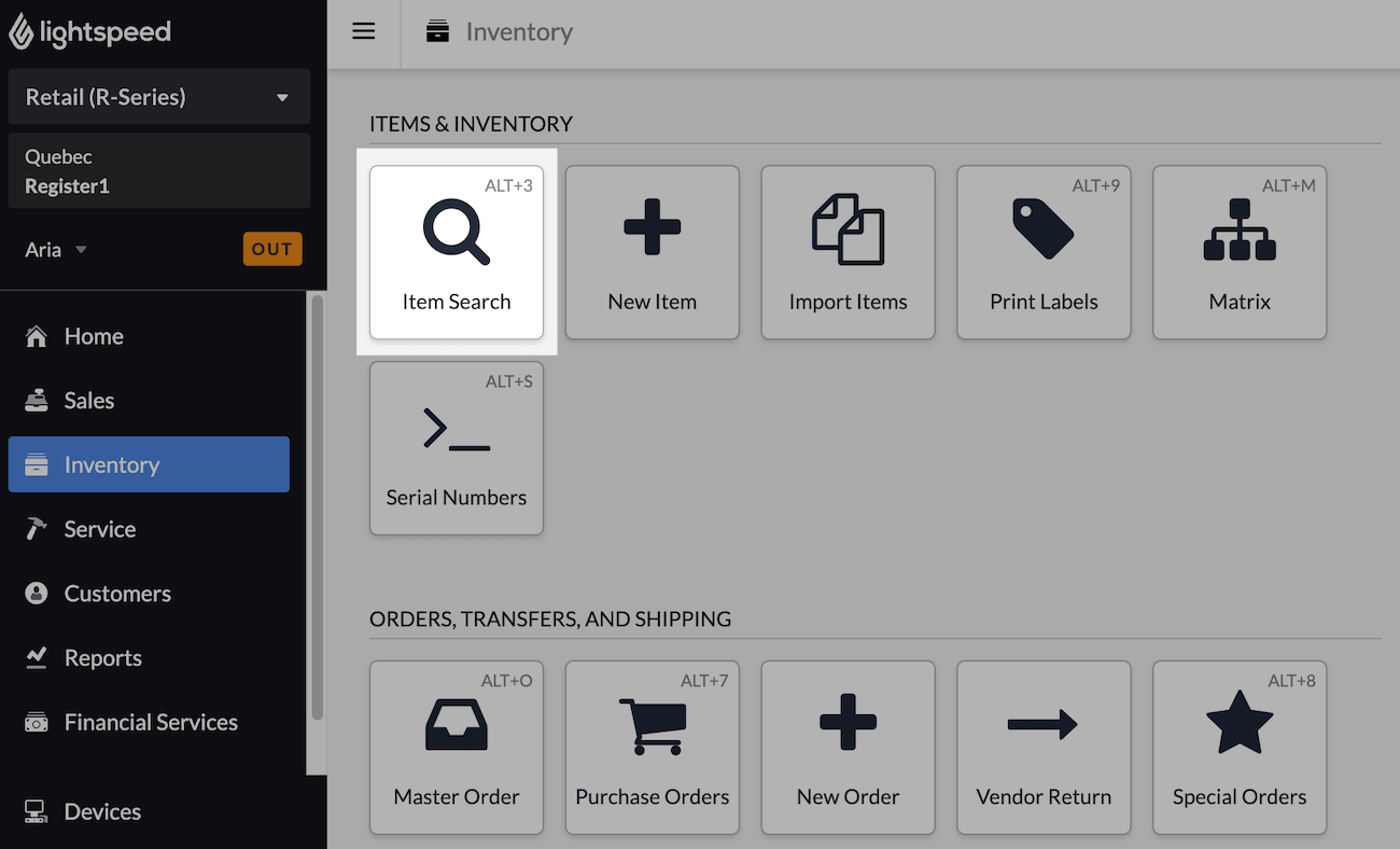 The Item Search section highlighted.