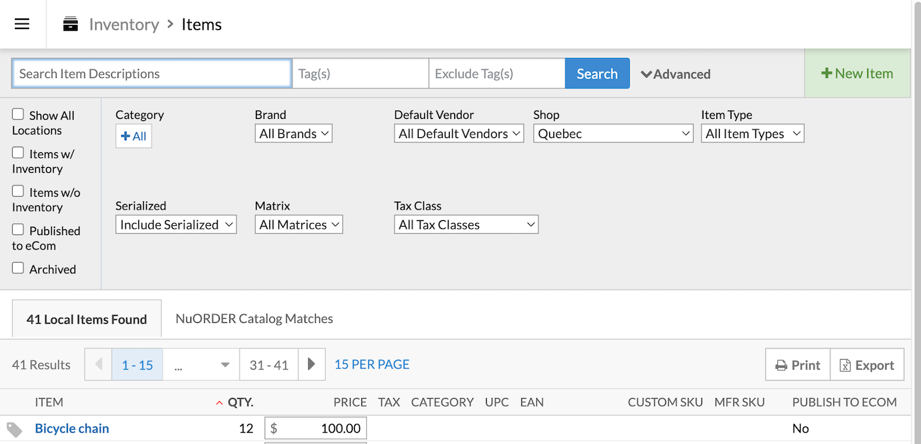 Items page displaying the search filters.