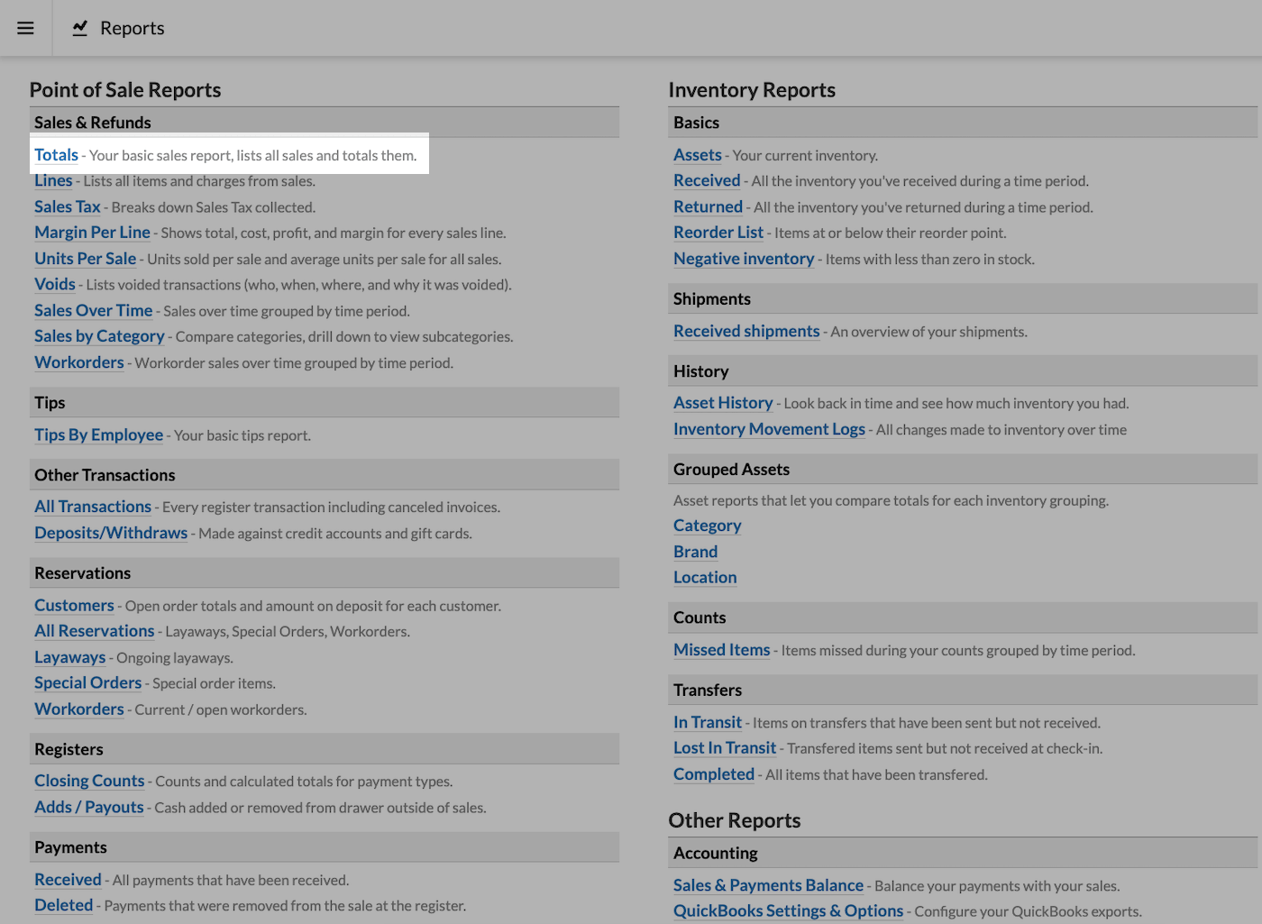 Reports page with Totals emphasized.