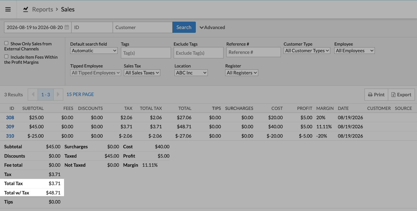 Totals page with Total w/ Tax and Total Tax values emphasized.