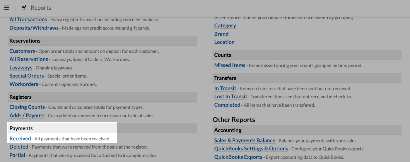 Reports page with Received emphasized.