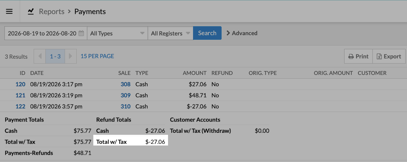 Received page with Total w/ Tax value in Refund section emphasized.